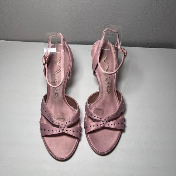 Nina Pink Pearl Rose Satin High Heels Strappy Rhinestone Embellished - Picture 3 of 11